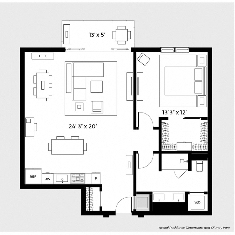 Floor plan for 1 bed, 1 bath, 985 sqft